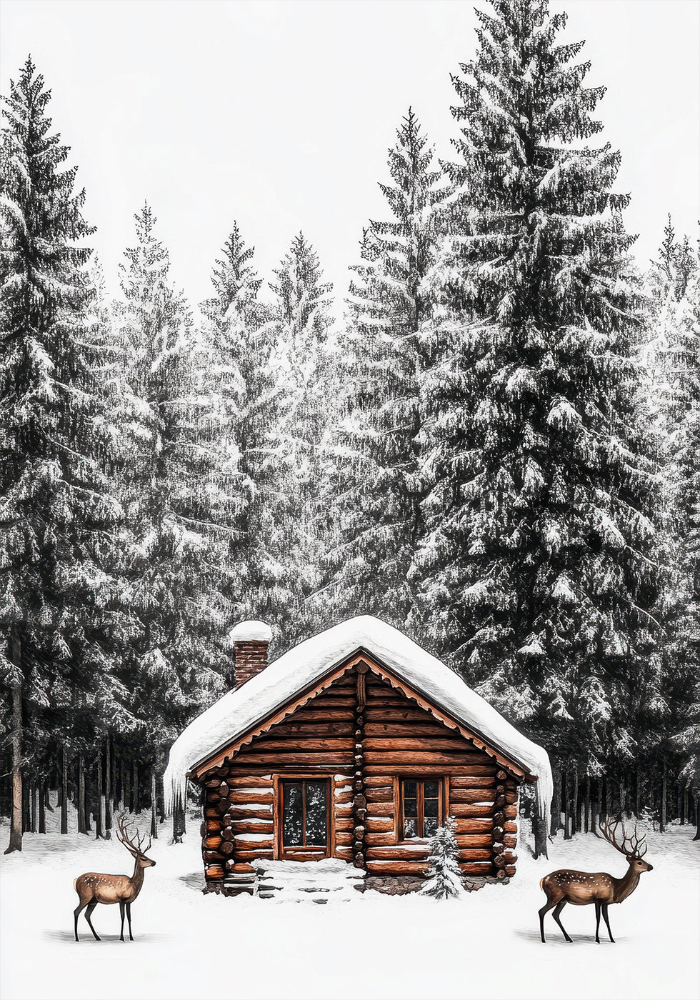 eine Blockhütte mit zwei Hirschen davor