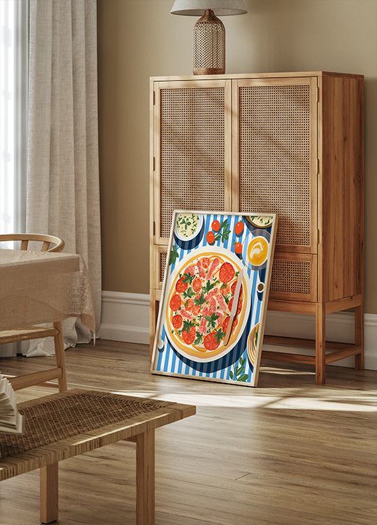 Italienische Pizza, Tomaten-Petersilien-Topping, gestreiftes Tischposter - Posterbox.dk