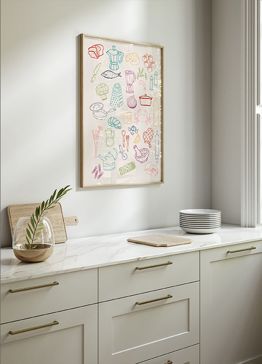 Küchencollage, bunte Kochzutaten-Ikonen Poster - Posterbox.dk