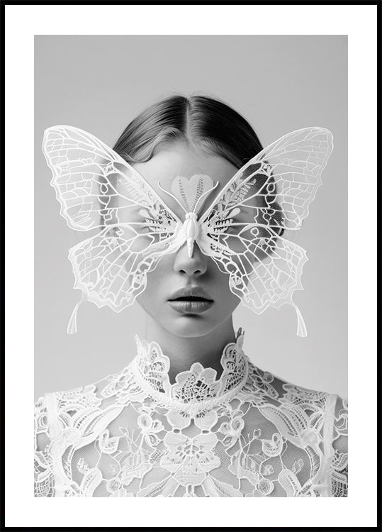 Poster „Dame in Weiß mit Schmetterlingsmaske“ – Posterbox.dk