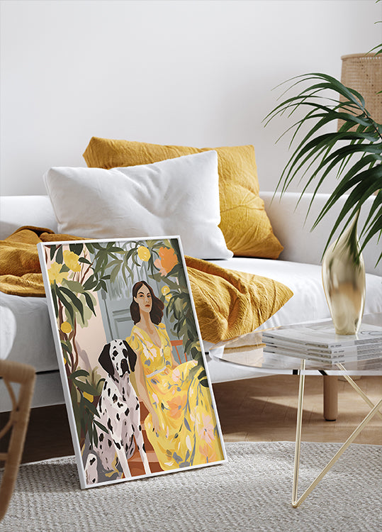 Dame in Gelb mit Dalmatiner, florales Sommerporträt-Druckplakat - Posterbox.dk