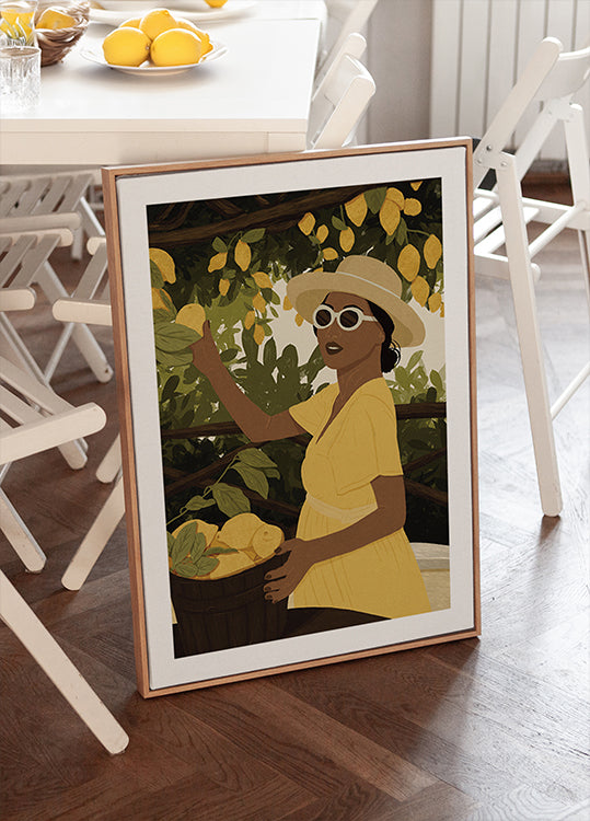 Zitronengarten-Frau, sommerliches Zitrusernte-Poster - Posterbox.dk