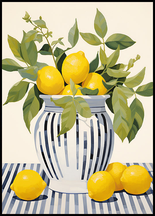 Zitronen in einer gestreiften Vase, mediterranes Stillleben-Poster - Posterbox.dk