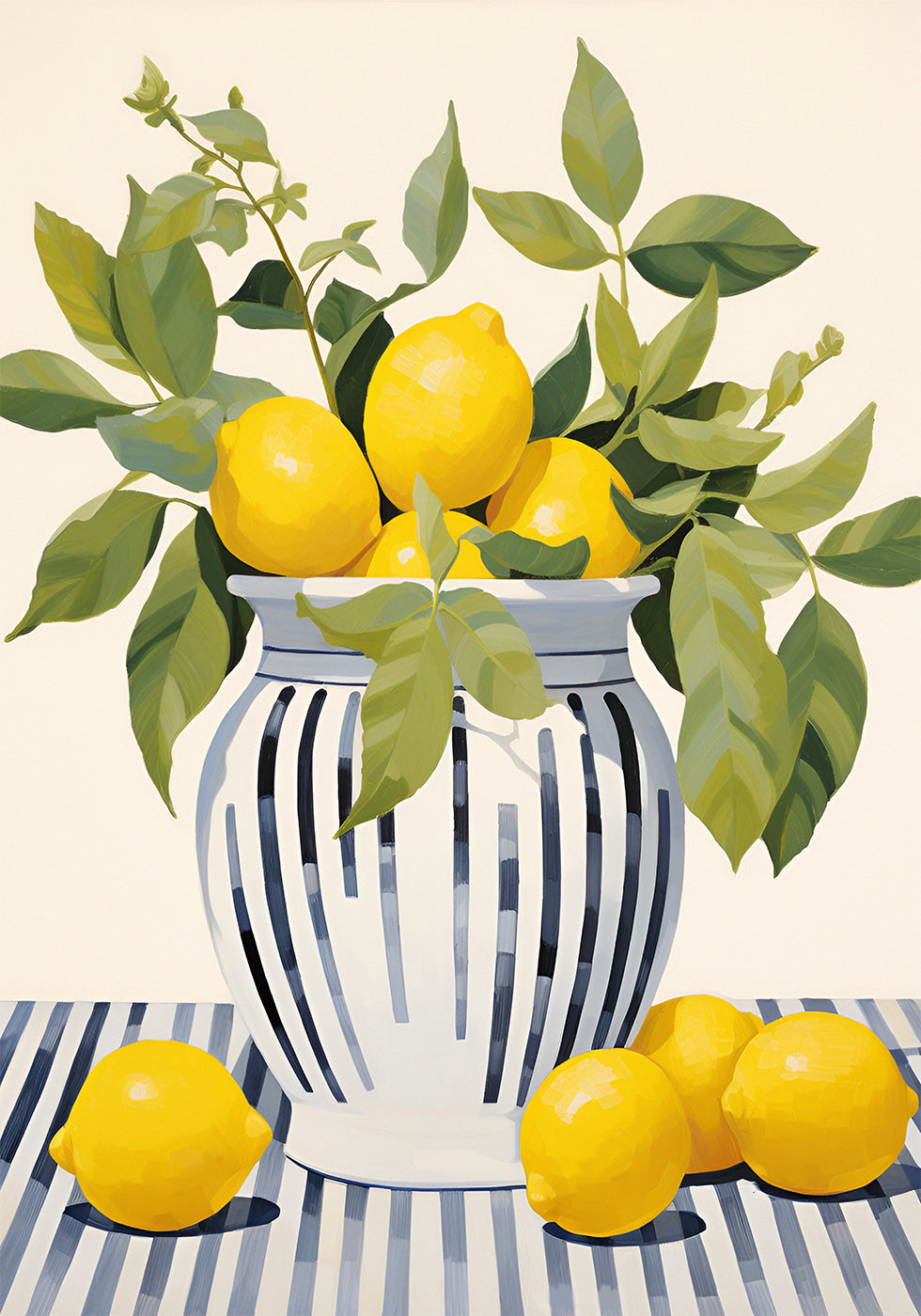 Zitronen in einer gestreiften Vase, mediterranes Stillleben-Poster - Posterbox.dk