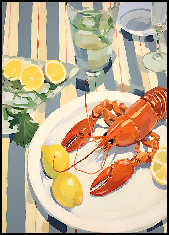 Hummer-Mittagessen, Zitrone und Leinen, Küstentischszenen-Poster - Posterbox.dk