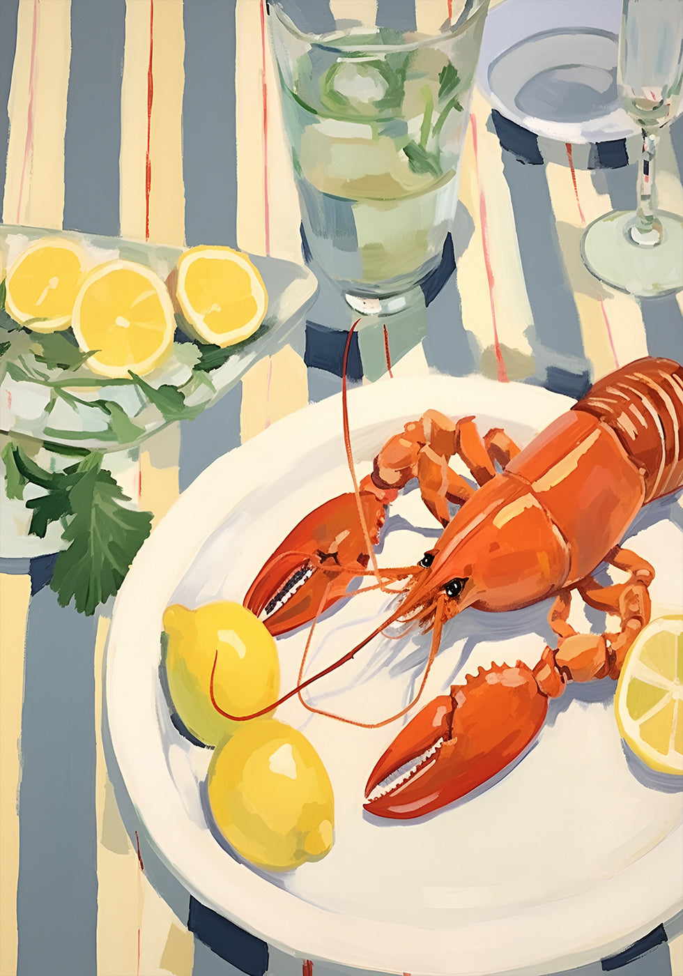 Hummer-Mittagessen, Zitrone und Leinen, Küstentischszenen-Poster - Posterbox.dk