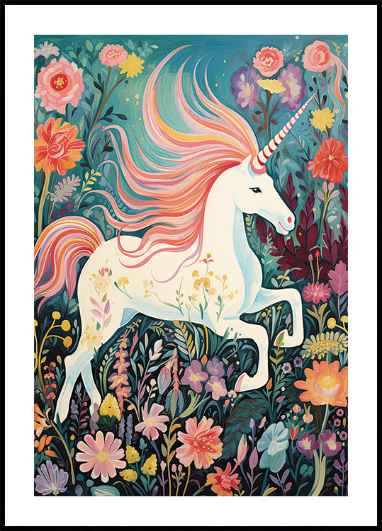 Magisches Einhorn in Blumenwiese Poster - Posterbox.dk