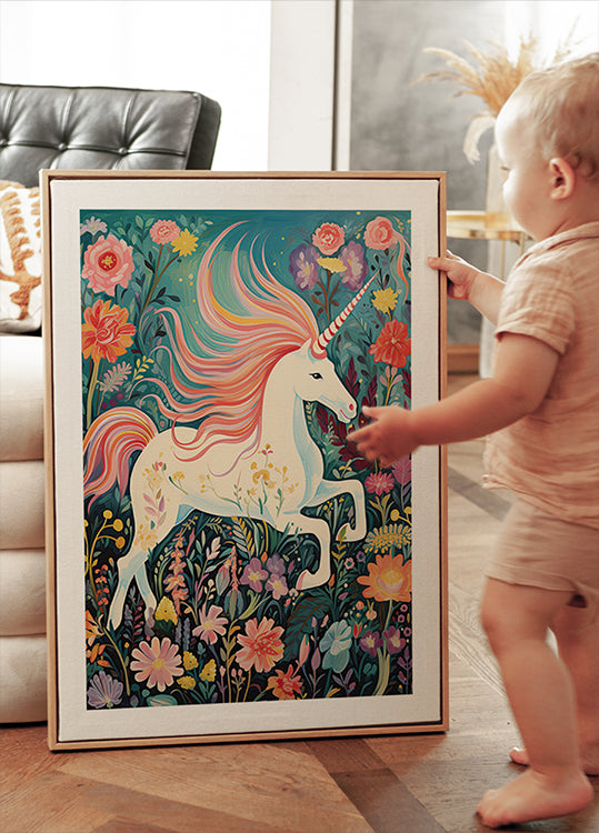 Magisches Einhorn in Blumenwiese Poster - Posterbox.dk