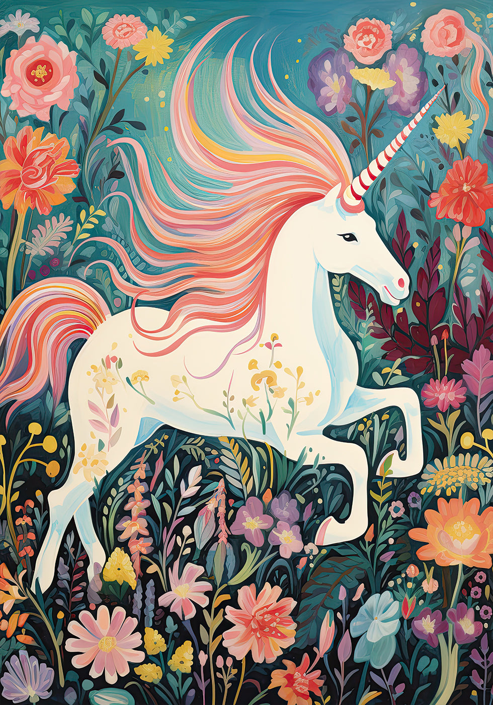 Magisches Einhorn in Blumenwiese Poster - Posterbox.dk