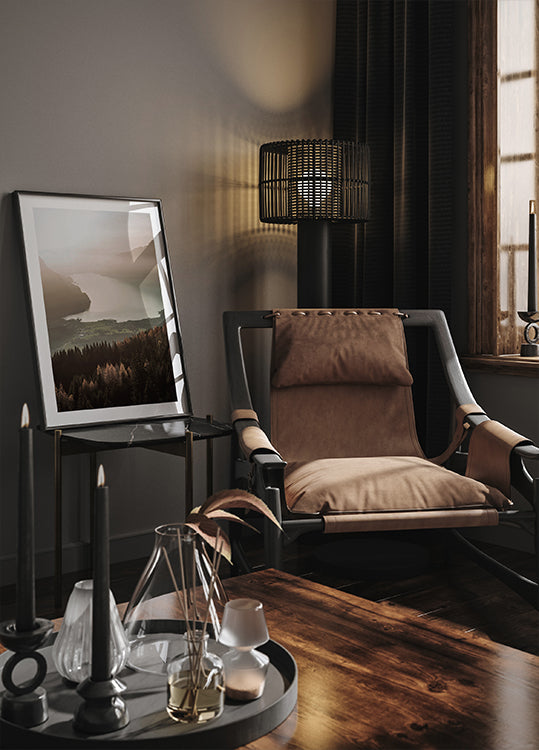 Poster mit Blick auf den nebligen See und die Berge - Posterbox.dk