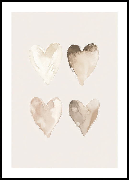 Neutrale Aquarellherzen, Beigetöne, Kinderposter - Posterbox.dk
