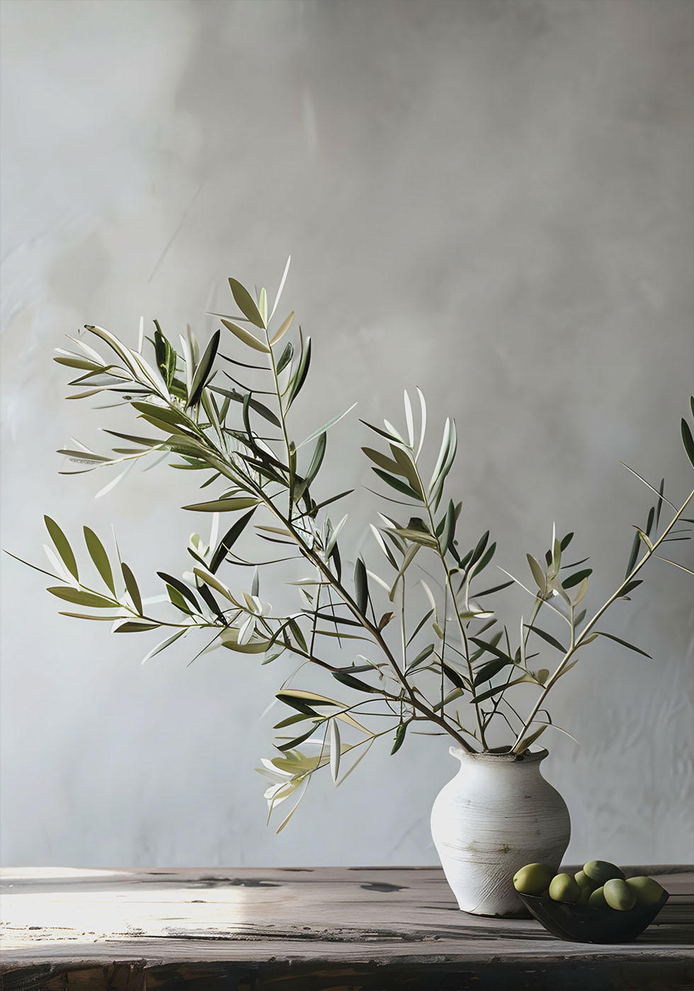 Eine weiße Vase mit grünen Oliven auf einem Holztisch
