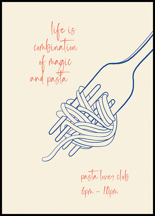 Pasta-Zitat-Druck, Gabel und Spaghetti, Magie und Pasta, italienisches Essensliebhaber-Poster – Posterbox.dk