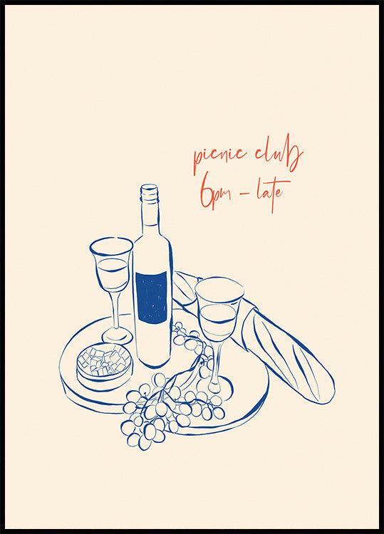 Picknick-Club-Druck, Wein- und Käse-Poster - Posterbox.dk