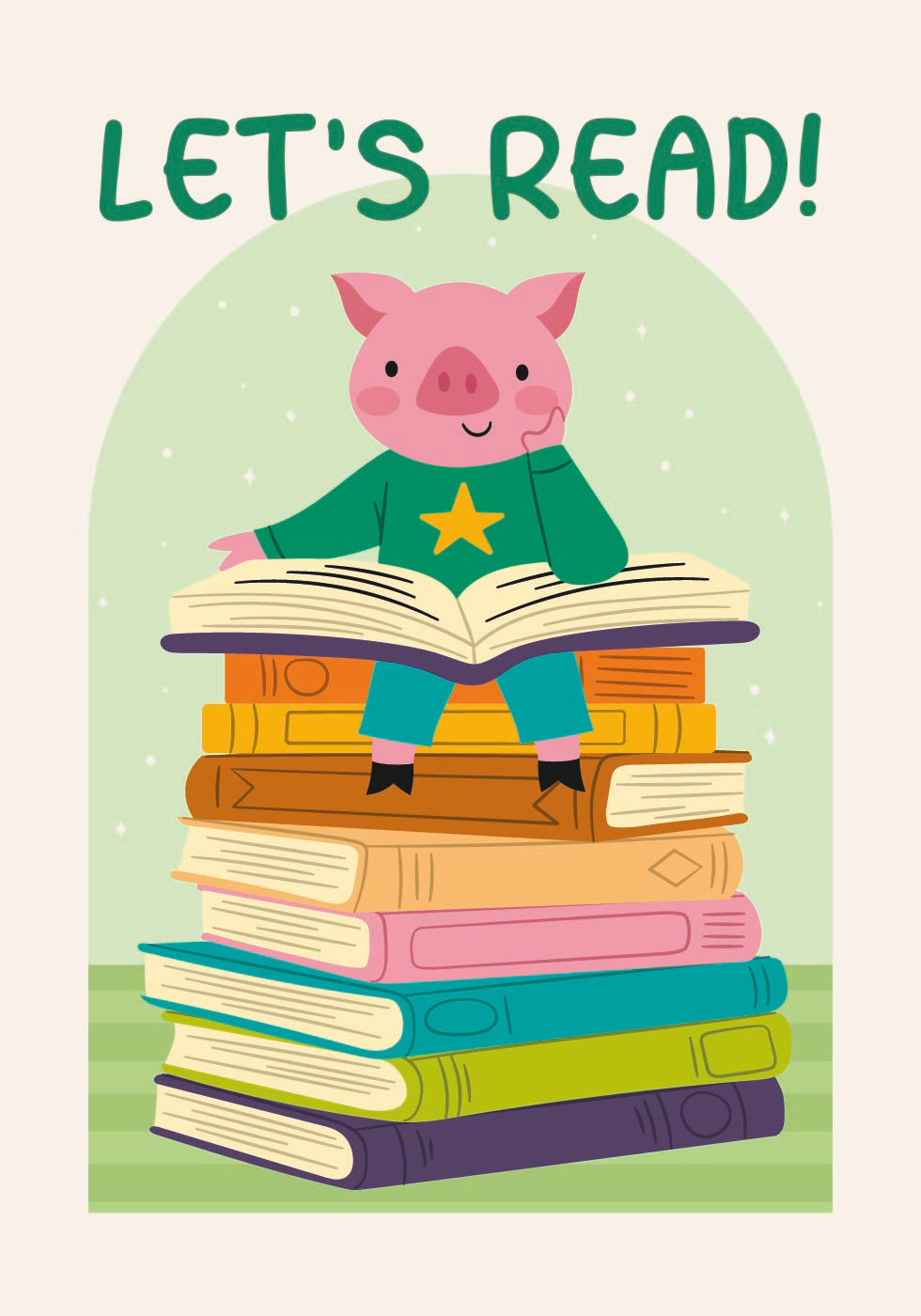 Schwein liest auf Bücherstapel, Let's Read Poster - Posterbox.dk