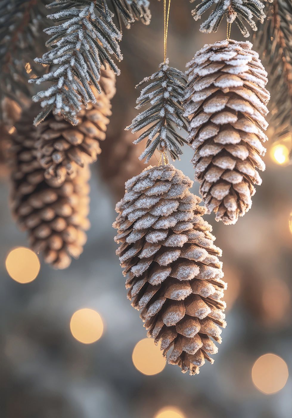 Drei Tannenzapfen hängen an einem Weihnachtsbaum