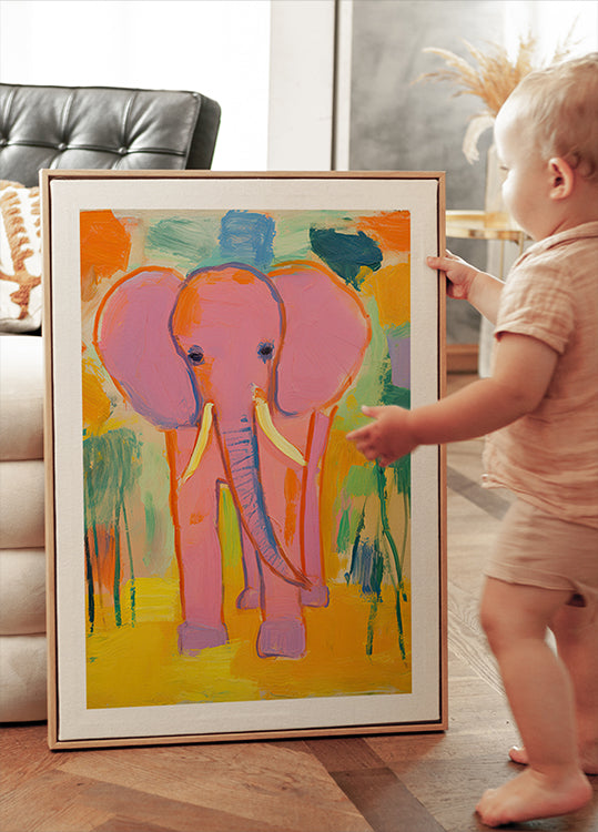 Rosa Elefant im bunten Dschungel Poster - Posterbox.dk