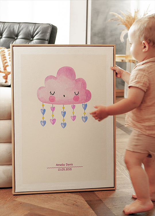 Rosa Aquarellwolke, personalisiertes Baby-Mädchen-Poster - Posterbox.dk