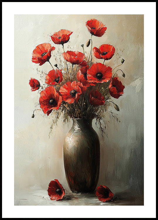 ein Gemälde mit roten Blumen in einer Vase