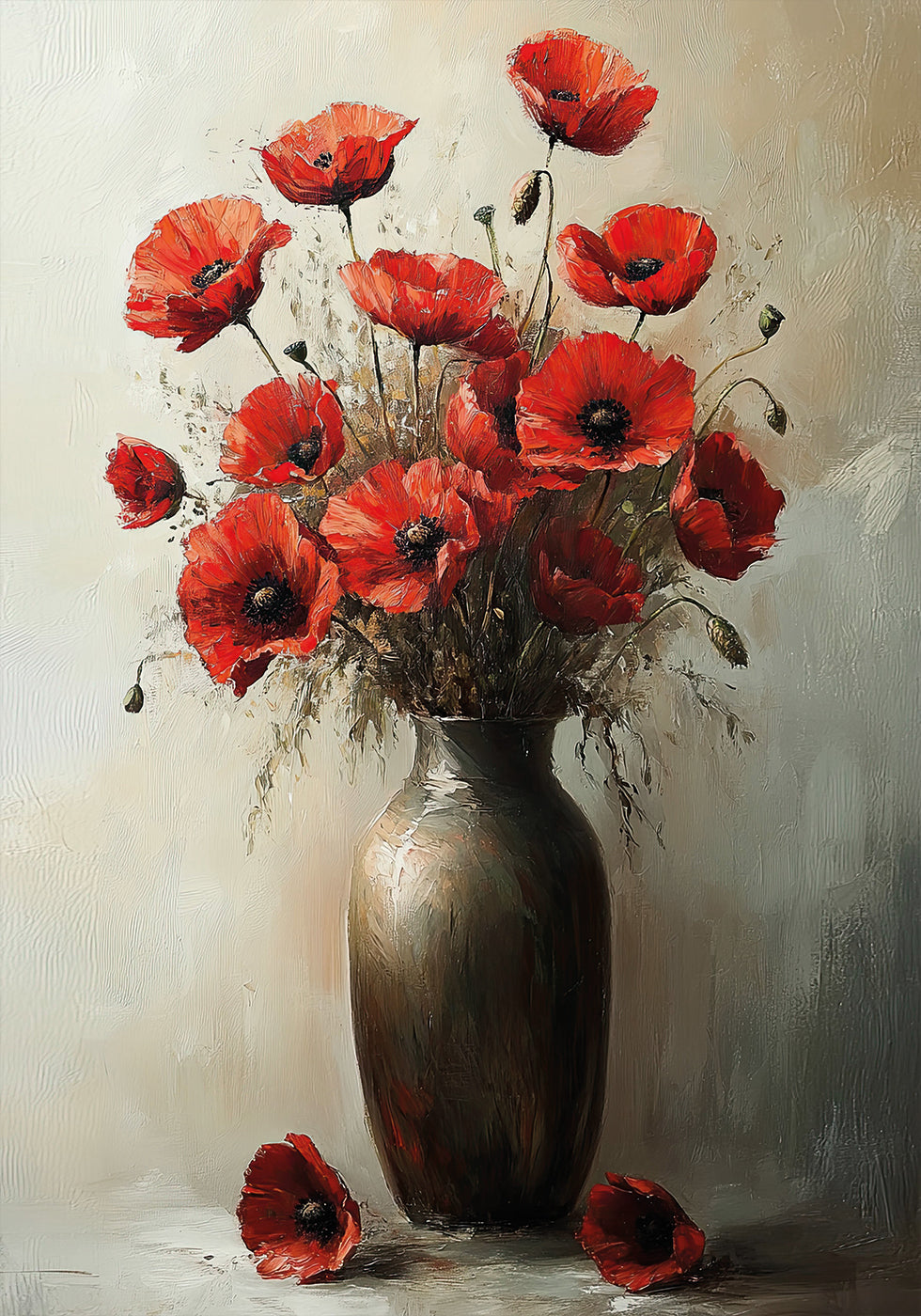 ein Gemälde mit roten Blumen in einer Vase