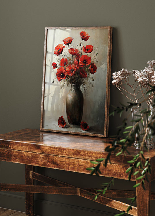 ein Gemälde mit roten Blumen in einer Vase auf einem Tisch