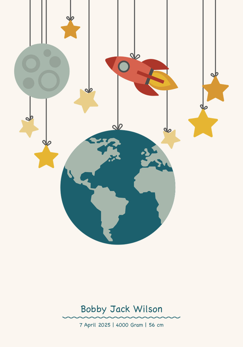 Rakete und Planeten, personalisiertes Baby-Poster für Jungen – Posterbox.dk