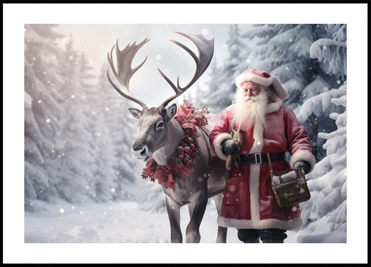 Ein als Weihnachtsmann verkleideter Mann geht mit einem Rentier spazieren