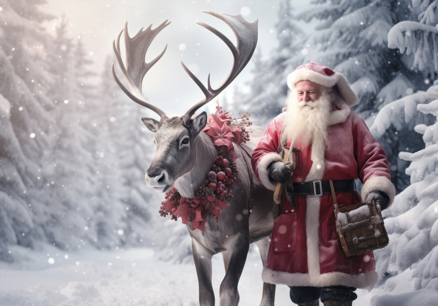 Ein als Weihnachtsmann verkleideter Mann geht mit einem Rentier spazieren