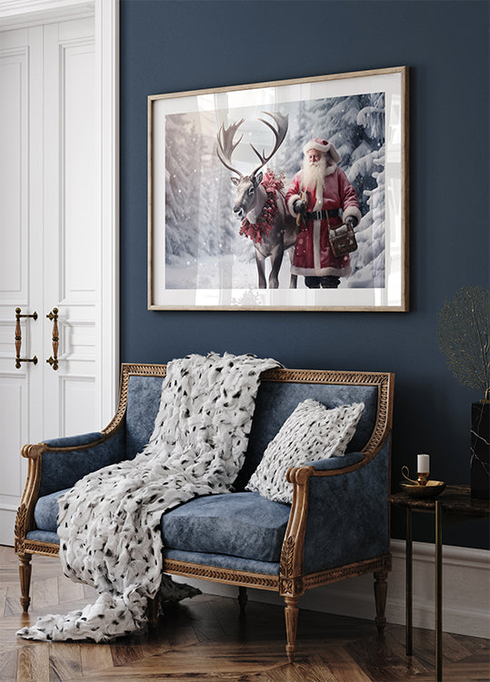 Weihnachtsmann und Rentier im Schnee Poster - Posterbox.dk