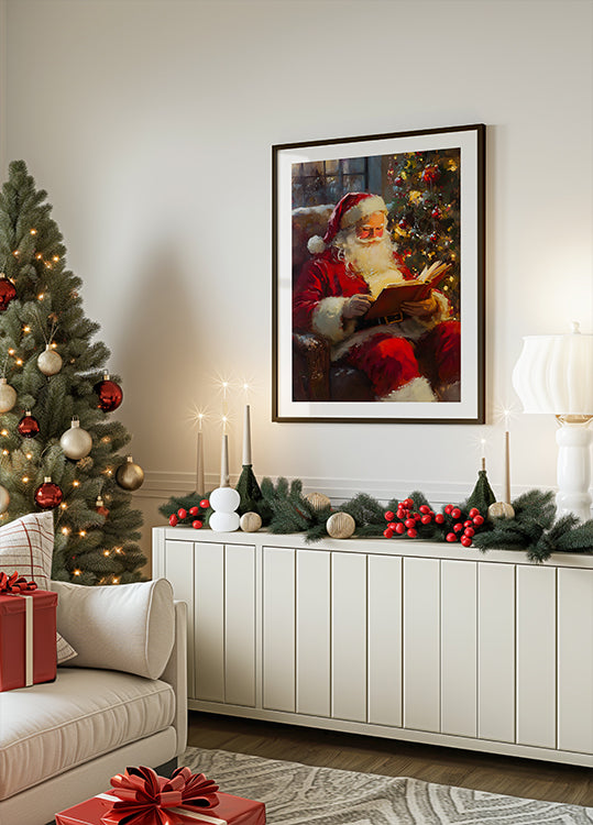 Weihnachtsmann liest ein Buch Poster - Posterbox.dk