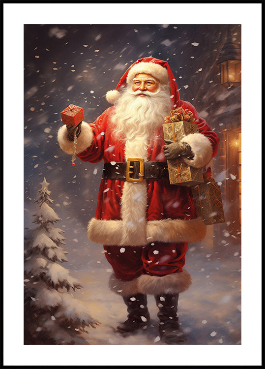 ein Gemälde eines Weihnachtsmanns, der ein Geschenk hält