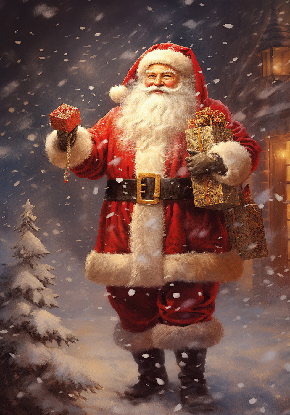 ein Gemälde eines Weihnachtsmanns, der ein Geschenk hält