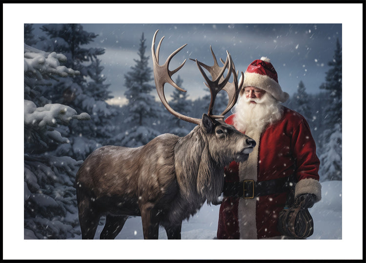 Ein als Weihnachtsmann verkleideter Mann steht neben einem Rentier