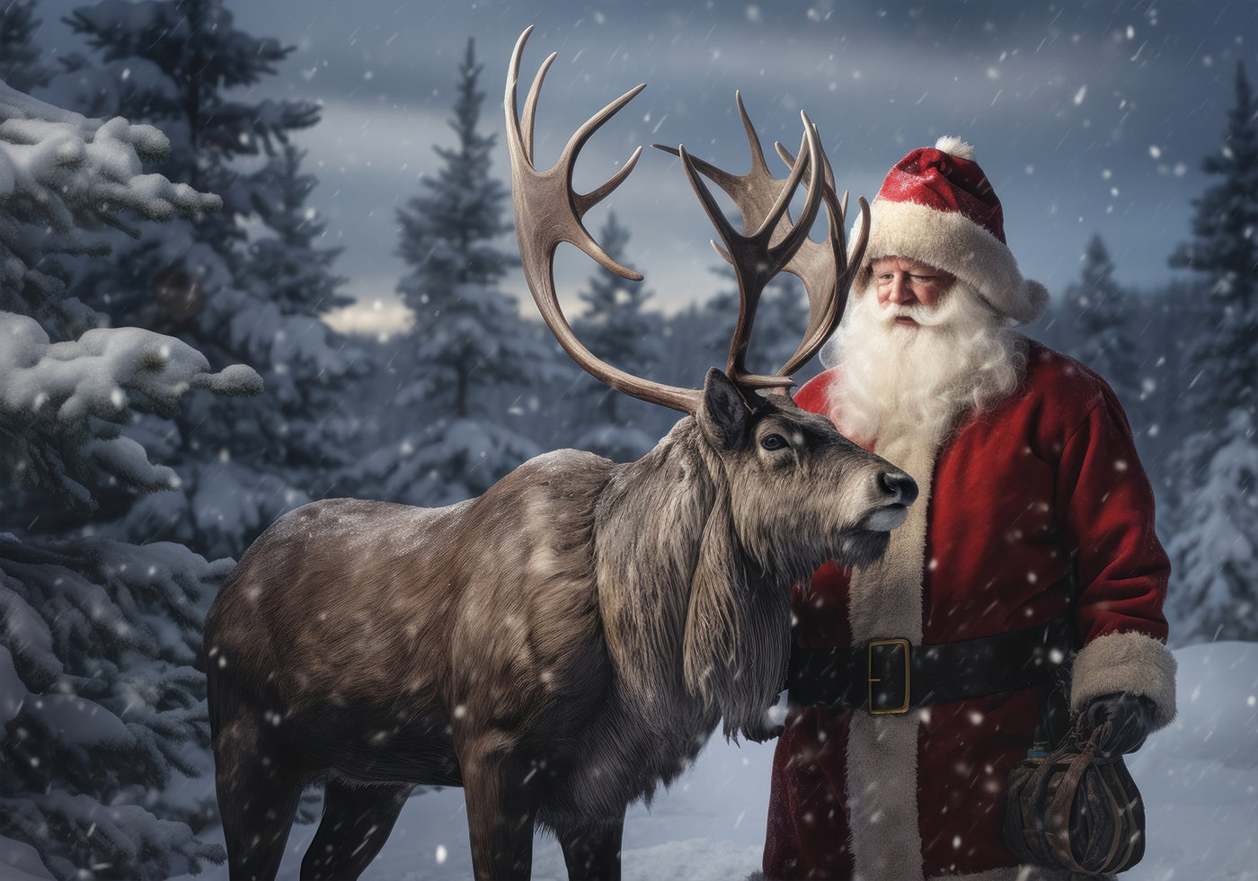 ein Weihnachtsmann, der neben einem Rentier im Schnee steht