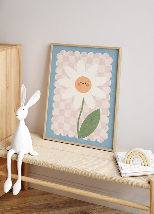 Smiley-Blume auf pastellkariertem Hintergrund Poster - Posterbox.dk