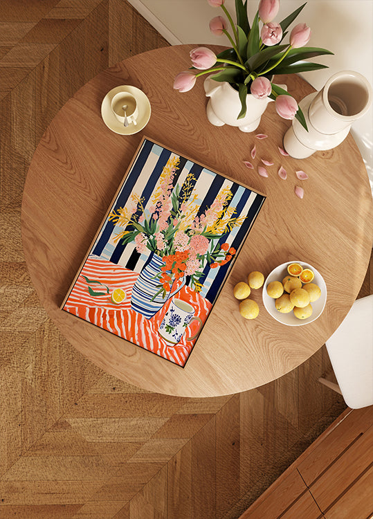 Sommerblumen, gestreifte Vase, Zitronenstillleben-Poster - Posterbox.dk
