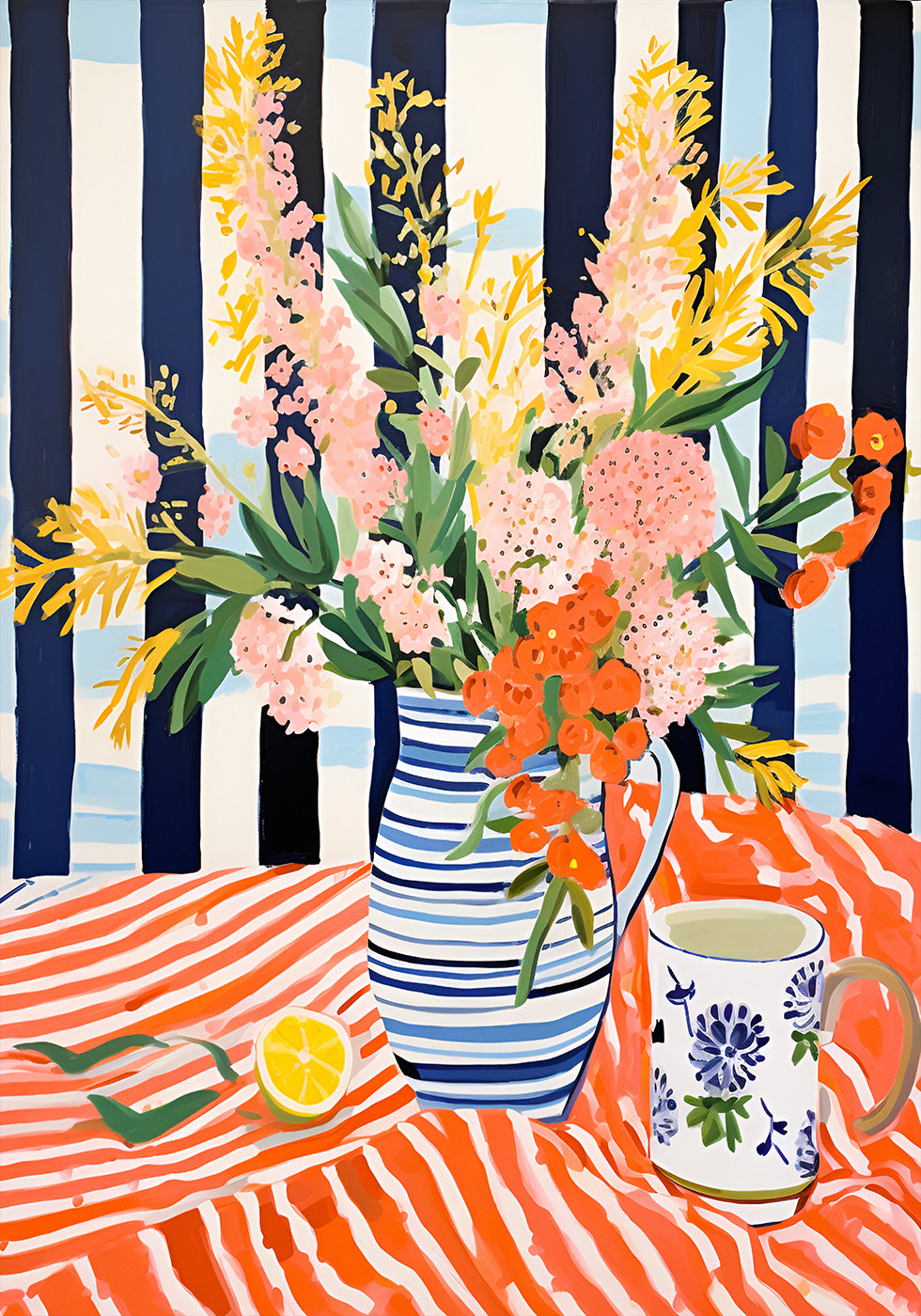 Sommerblumen, gestreifte Vase, Zitronenstillleben-Poster - Posterbox.dk