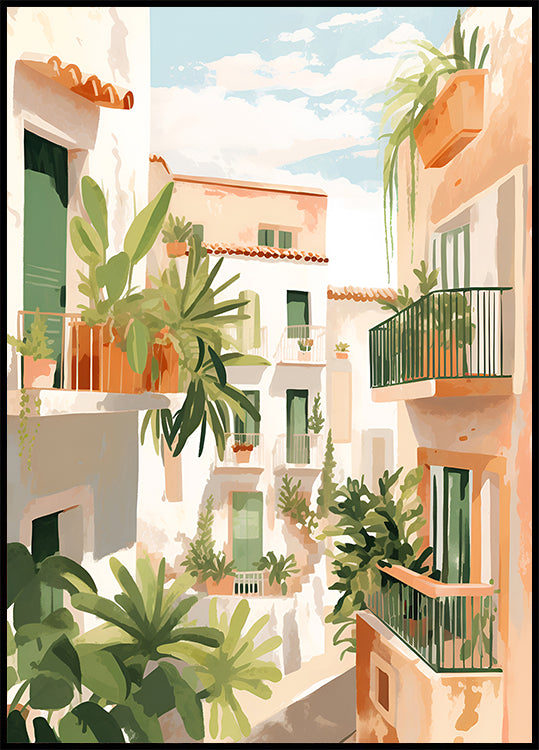 Poster „Sonnenbeschienene Balkone, mediterraner Innenhof“ – Posterbox.dk