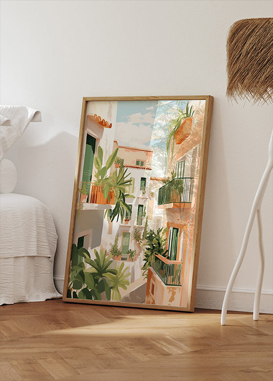 Poster „Sonnenbeschienene Balkone, mediterraner Innenhof“ – Posterbox.dk