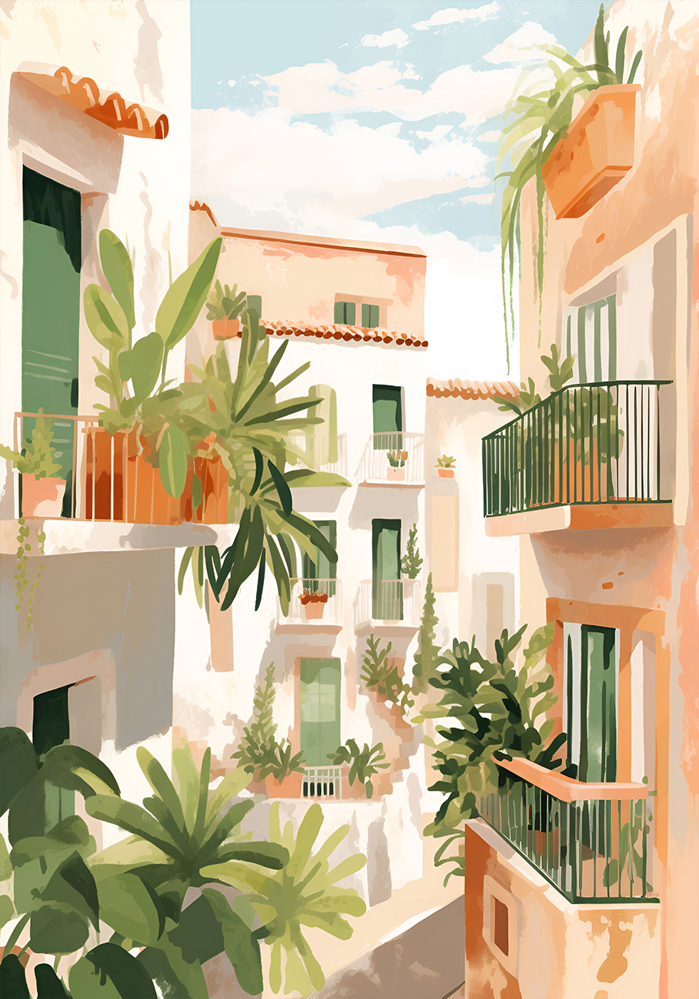Poster „Sonnenbeschienene Balkone, mediterraner Innenhof“ – Posterbox.dk