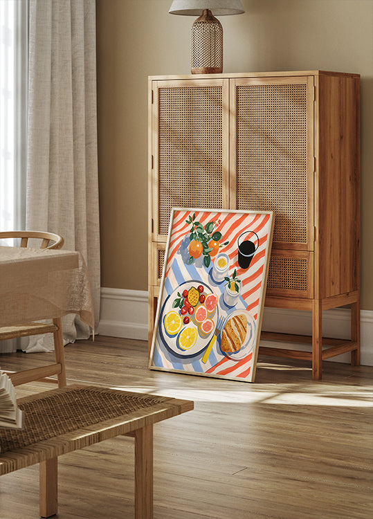 Sunny Breakfast, Zitrus- und Croissant-Kunstposter - Posterbox.dk