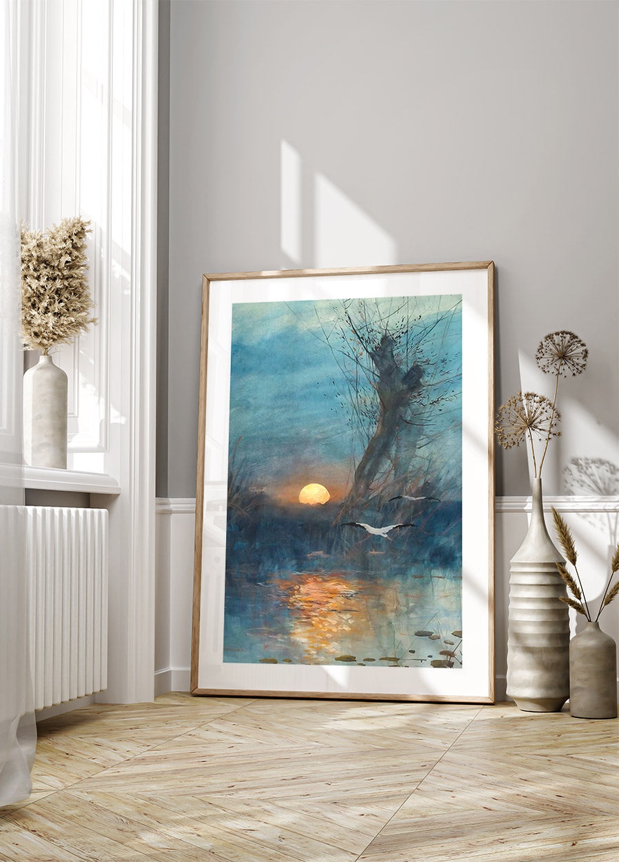 Sonnenuntergang über dem Teich mit Störchen Poster - Posterbox.dk