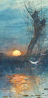 Sonnenuntergang über dem Teich mit Störchen Poster - Posterbox.dk