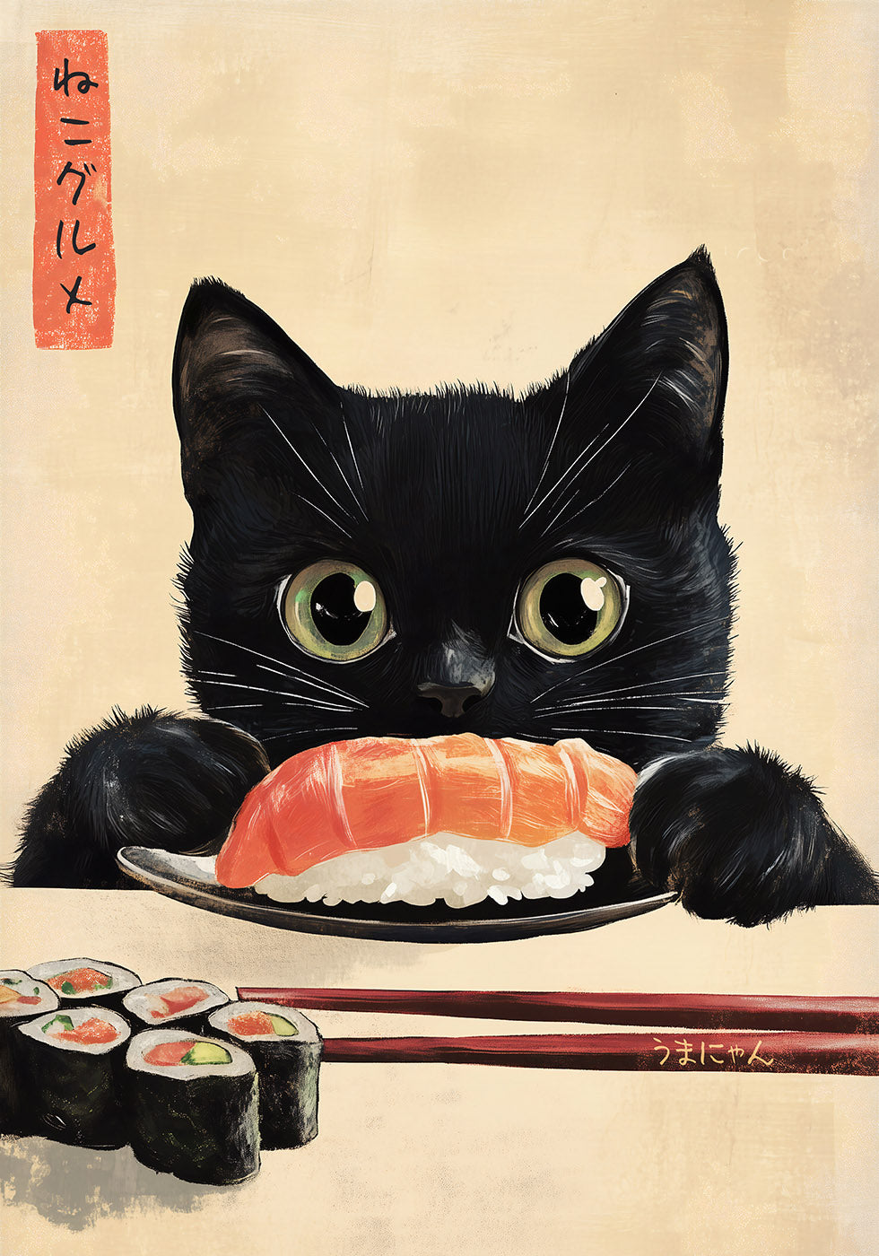 Sushi-Liebhaber-Katze, japanisch inspiriertes Katzenkunstposter - Posterbox.dk
