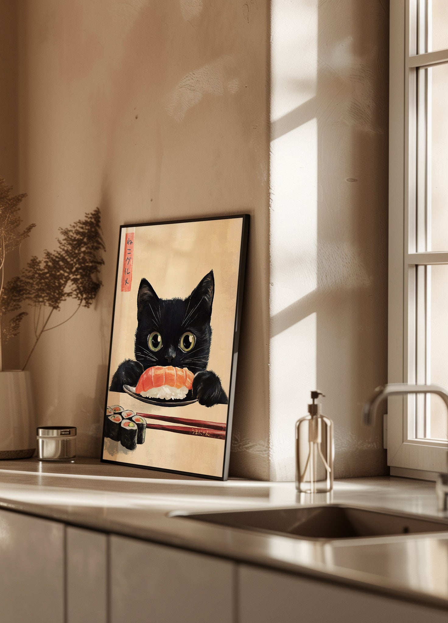 Sushi-Liebhaber-Katze, japanisch inspiriertes Katzenkunstposter - Posterbox.dk