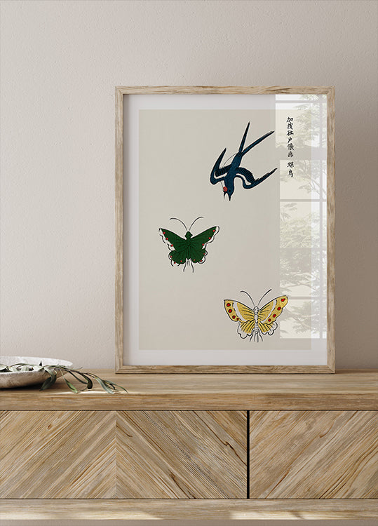 Schwalbe und Schmetterlinge Druck, Taguchi Tomoki Japanisches Kunstposter - Posterbox.dk
