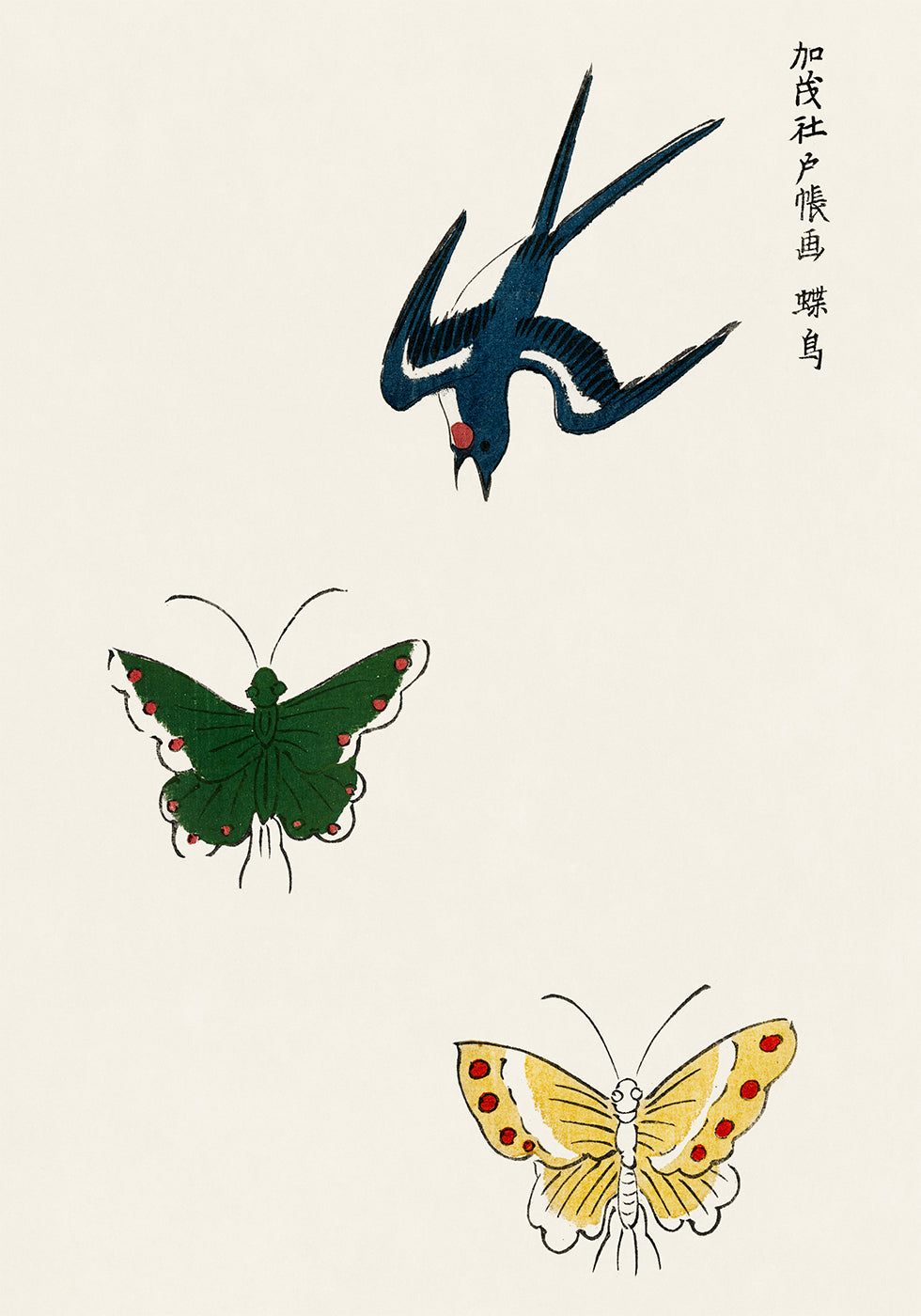 Schwalbe und Schmetterlinge Druck, Taguchi Tomoki Japanisches Kunstposter - Posterbox.dk