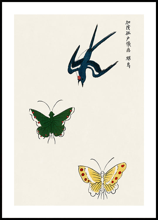 Schwalbe und Schmetterlinge Druck, Taguchi Tomoki Japanisches Kunstposter - Posterbox.dk