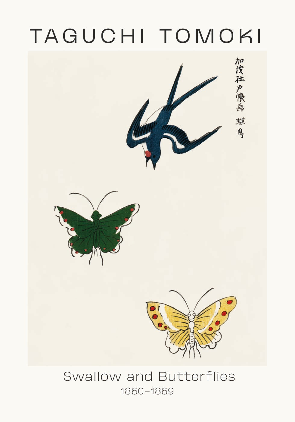 Schwalbe und Schmetterlinge, Taguchi Tomoki 1860–1869 Poster - Posterbox.dk
