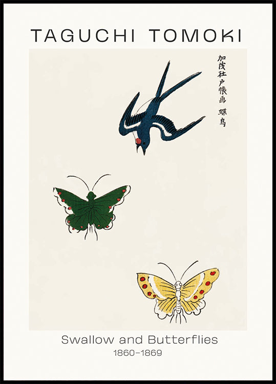 Schwalbe und Schmetterlinge, Taguchi Tomoki 1860–1869 Poster - Posterbox.dk